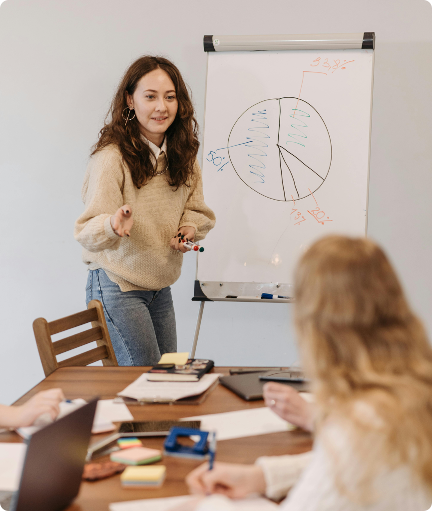 Woman leading workshop presentation with chart